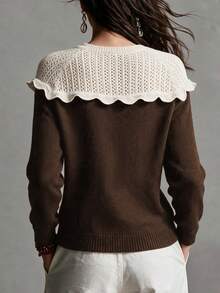 Omancia Women's French Vintage Contrast Color Hollow-Out Ruffle Collar Knit Cardigan - Coffee Brown - View 2