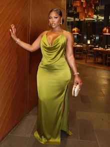 Slaydiva New Olive Green Satin High Neck Backless Spaghetti Strap Dress With High Slit And Pleated Design, Perfect For Dates, Parties, Cocktail Events, Weddings, Birthday Parties, Vacations And Formal Occasions - Olive Green - View 6