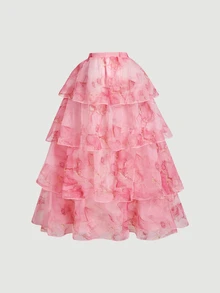 SHEIN MOD Gaun Musim Panas Elegan Ukuran Plus dengan Motif Marmer, Tali Bahu Tipis, dan Rok Bertingkat - Berwarna merah muda - View 8