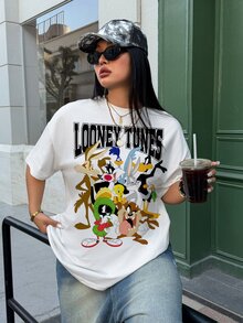 LOONEY TUNES X SHEIN Plus Size Women's Letter Cartoon Print Casual Everyday T-Shirt - White - View 3