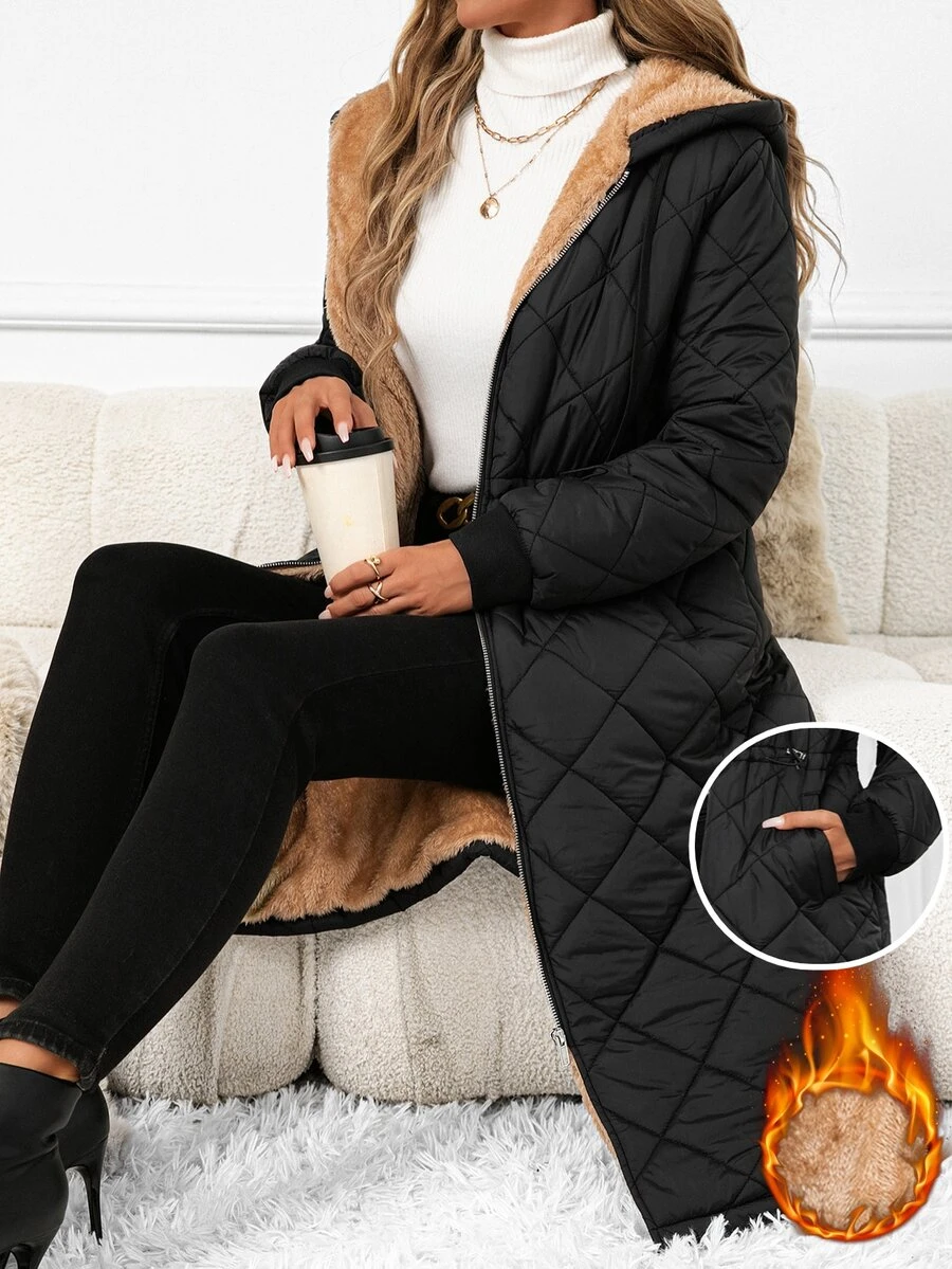 SHEIN Clasi Women's Hooded Padded Coat With Zipper And Pockets, Winter - Black - View 1