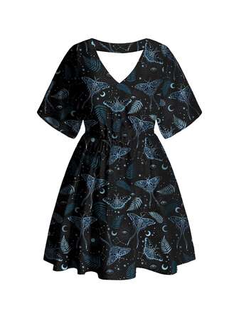 Goth Abito da donna taglie forti con scollo a V, stile dark hippie punk gotico misterioso, ricamato con farfalla, sole, luna e stelle, per ragazza sexy