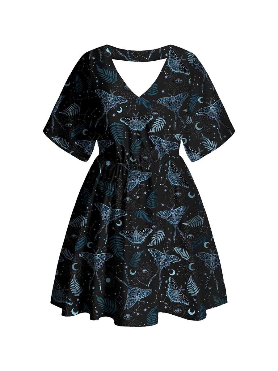 ROMWE Goth 深色嬉皮風蝴蝶刺繡太陽月亮星星暗黑龐克辣妹哥德神秘感V領大尺碼洋裝 - 黑色 - 查看 1