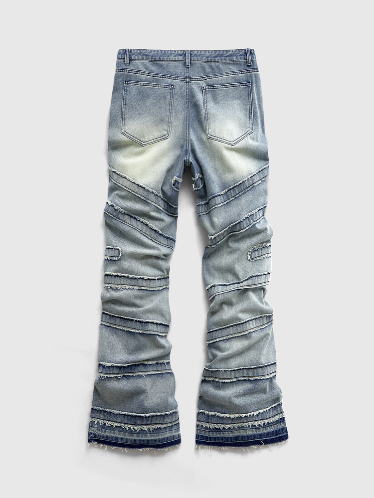 ROMWE MEN Street Life Men's Layered Frayed Hem Flare Jeans - Blue - View 2