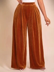 Brilight Wide Leg Pants Front Pleated Split Flowy Palazzo Trousers For Autumn Commute Dinner Party Streetwear - Gold - View 9