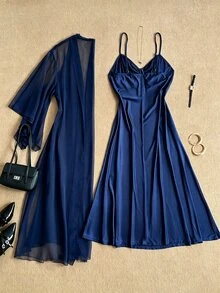 Grovea Set 2 Potongan Gaun Kamisol Satin Rajut Ukuran Besar dengan Kardigan Panjang Chiffon Sedikit Transparan untuk Musim Gugur - Navy Blue - View 2