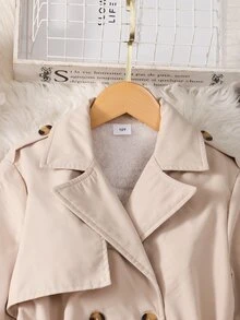 SHEIN 女童 8-12 歲保暖內裡中長款風衣，卡其色雙排扣收腰外套，休閒簡約日常穿著，適合外出與上學 - 卡其色 - 查看 3