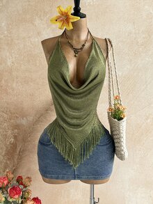 Soleia Women's Solid Color Draped Neck Knit Top With Tassel Hem - Green - View 1