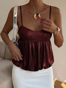 Livesso 女款金色亮片細肩帶背心上衣 - 酒紅色 - 查看 4