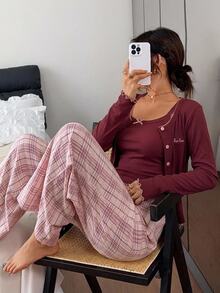 DAZY 3件組女款睡衣套裝，短袖長袖外套、修身背心、格紋直筒長褲 - 酒紅色 - 查看 5