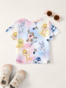 LOONEY TUNES X SHEIN Baby Girl Cartoon Print Round Neck Short Sleeve Top - White - View 2