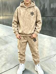 青少年男孩休閒舒適時尚極簡個性化落葉特殊字母印花拼色休閒風秋冬連帽衛衣套裝，適合外出與運動 - 彩色 - 查看 1