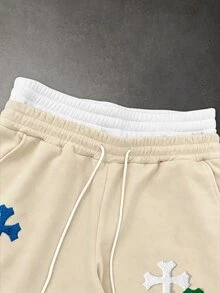 PAVTROS Men's Cross Embroidered Drawstring Waist Pockets Loose Casual Sweatpants Wide Leg - Apricot - View 4