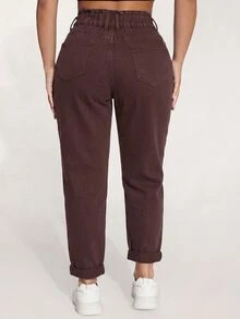 Jeanoix Celana Jeans Denim Saku Kancing Serbaguna untuk Ukuran Plus - Coklat - View 2