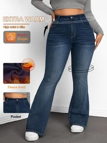 Jeanoix Plus Size Fashion Versatile Button Pocket Flared Jeans - Dark Wash - View 1