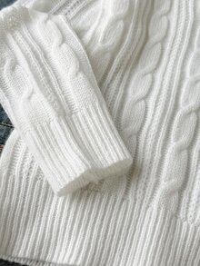 SHEIN 1件女款毛衣，時尚簡約百搭圓領復古麻花編織白色修身長袖套頭衫，休閒學院風，適中厚度，整齊下擺，緊口袖口，細膩質感，單穿好看，穿脫方便，耐穿耐磨，適合日常穿著、學校、出遊、戶外活動等場合，秋冬穿搭 - 米色 - 查看 5