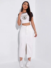 SHEIN Unity 女款休閒日常牛仔裙，附口袋、鈕扣與開衩設計 - 白色 - 查看 5
