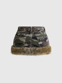 Y2K Vintage Leopard Print Frayed Trim Women's Mini Low Waist Skirt With Belt Accessory - Army Green - View 2