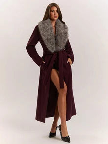 SHEIN BAE Premium Detachable Fur Collar Loose Fit Versatile Cinched Waist Casual Overcoat Jacket - Red Violet - View 4