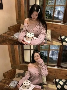 DAZY Women's Asymmetrical Shoulder Polka Dot Casual Cardigan - Pink - View 1