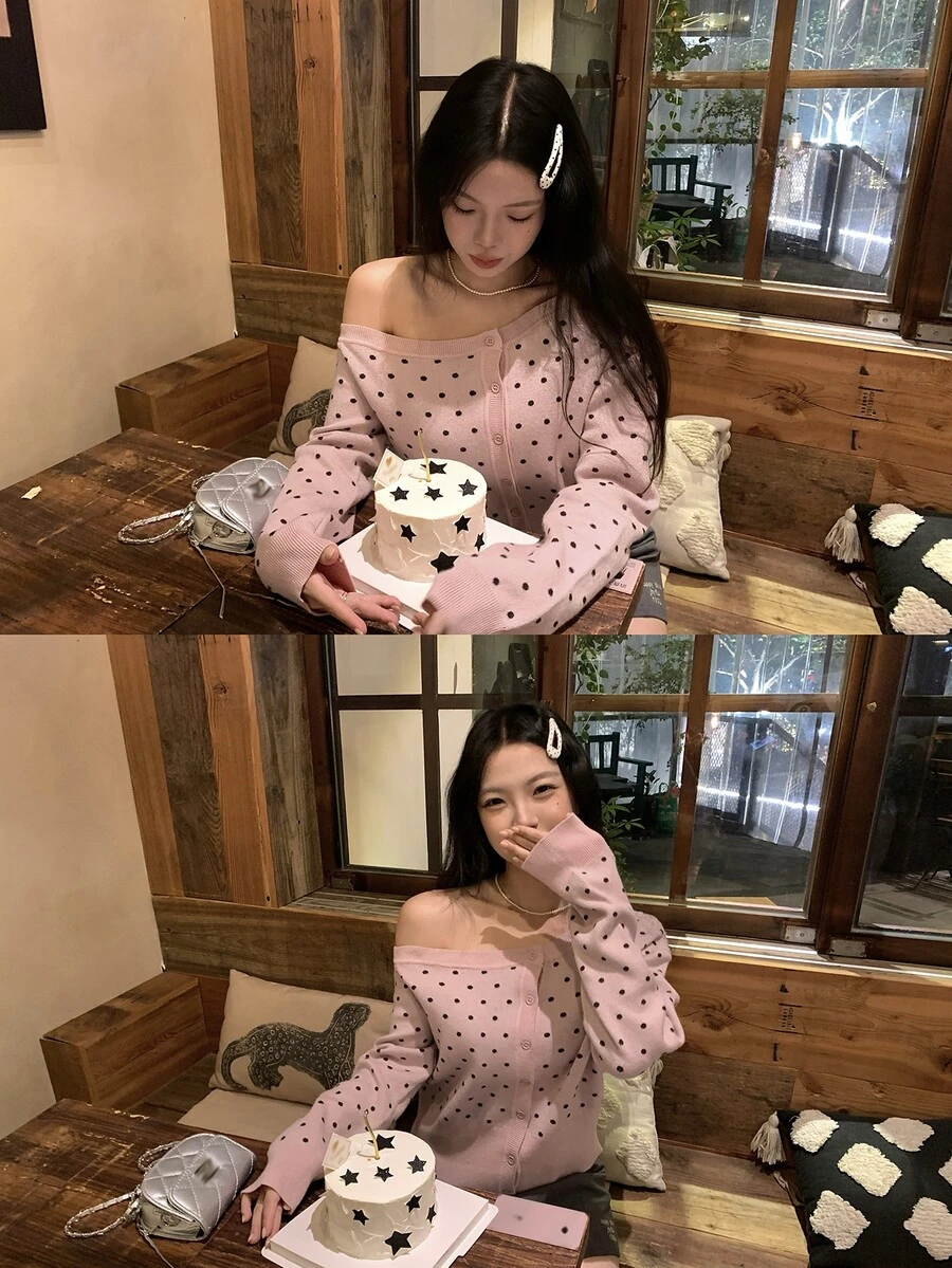 DAZY Women's Asymmetrical Shoulder Polka Dot Casual Cardigan - Pink - View 1