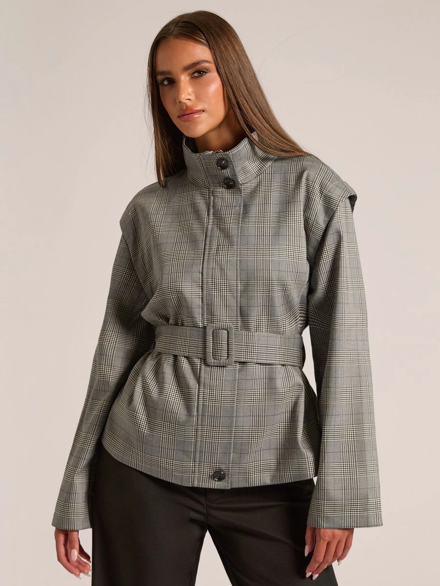 SHEIN BAE جاكيت نسائي كاجوال بنقشة مربعات مع حزام، خريف - رمادي - مشاهدة 1