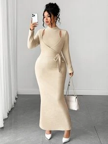 Elenzga Gaun Panjang Bodycon Rajut Bergaris Halus Ukuran Besar Musim Gugur/Dingin, Elastis, Nyaman, Lengan Panjang, Desain Ikat Pinggang, Pakaian Dalam Elegan untuk Perjalanan Musim Gugur - Khaki - View 1
