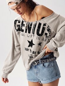 Bohemela 休閒純色針織不對稱領長袖寬鬆水洗女款運動衫 - 卡其色 - 查看 4