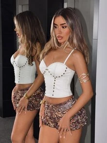 SHEIN ICON Women's Studded Decor Casual Daily Halter Neck Denim Top - White - View 5
