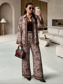Modelyn 女款長袖鈕扣式梭織數位印花休閒通勤上衣與直筒長褲兩件套 - 彩色 - 查看 5