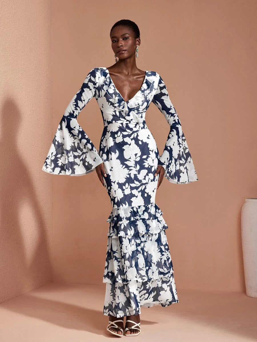 JIAN LASALA Mesh Ruffle Long Sleeve V Neckline Multi Layers Long Dress Elegant Vacation Holiday - Blue and White - View 1