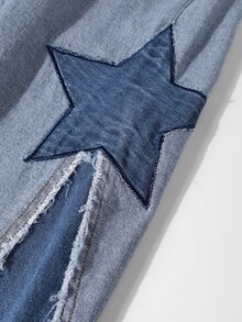 Tween Girl Y2K Grunge Punk Style Loose Fit Star Patchwork Colorblock Wide Leg Jeans, School, Streetwear - Medium Wash - View 8