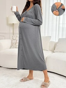 Slowluna Maternity Lace Patchwork Nursing Functional Button Long Sleeve Dress - Black - View 1