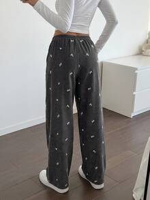Livesso Women's Fashion Embroidered Pleated Loose Long Pants For Daily Wear - Dark Grey - View 2