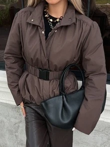 Livesso Women's Winter Coffee Brown Hooded Drawstring Long Sleeve Thick Padded Pocket Decor Loose Padded Coat - Coffee Brown - View 4
