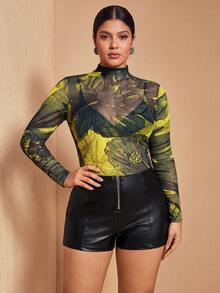 JIAN LASALA Sexy Floral Printed Sheer Mesh Plus Size Top Long Sleeve Stand Collar Slim Fit Yellow Summer - Multicolor - View 7