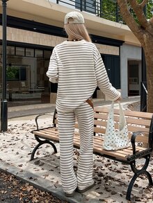 DAZY Women's Striped Colorblock Long Sleeve Top And Pants Knit 2 Pieces Set - Beige - View 2