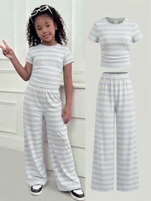 Kids Tween Girls Printed T-Shirt And Long Pants Knit 2 Pieces Set, Casual Daily Fashion Versatile Thickened Fleece - Multicolor - View 1