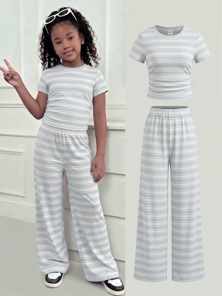 Kids Tween Girls Printed T-Shirt And Long Pants Knit 2 Pieces Set, Casual Daily Fashion Versatile Thickened Fleece - Multicolor - View 1