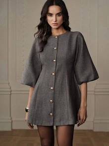 BELROSIE 女款 A 字版型紋理粗花呢燈籠袖單排扣金色鈕扣圓領復古優雅灰色魚骨紋秋季女裝度假洋裝 - 黑與白 - 查看 7