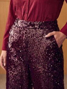 MOTF PREMIUM PLUS SIZE ELEGANT SEQUIN POCKET STRAIGHT LEG PANTS FOR BAR PARTY - Burgundy - View 5