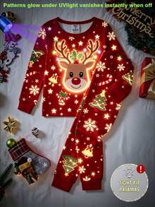Young Girls Pajamas, New Autumn/Winter Christmas Element Hot-Selling Style, UV Light Glow-In-The-Dark Christmas Deer Head, Snowflake, Christmas Tree, Bell Combination Pattern, Round Neck High Elastic Top And All-Over Print Long Pants 2 Pieces Set, Snug Fit, 1 Set - Multicolor - View 3
