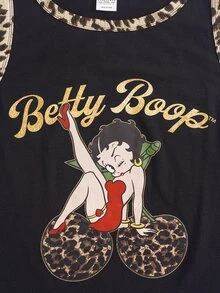 Betty Boop x SHEIN ملابس علوية كاجوال يومية للنساء مقاس كبير بطبعة حروف وكرتون - الأسود - مشاهدة 5