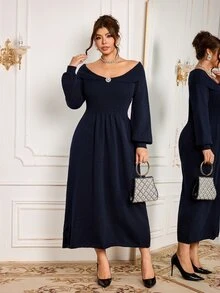 Modelyn Plus Size Elegant Rhinestone Decorated Pleated Sweater Dress - Navy Blue - View 4