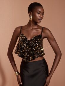 JIAN LASALA Black And Golden Adjustable Strap Sequin Loose Short Top Casual Elegant Party Vacation - Black and Gold - View 3