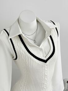 Elamini Women's Autumn/Winter Layering Contrast Color Cable Cable Knit Ribbed Slim Fit Cute Delicate Preppy Style Knit Sweater Vest Dress - White - View 1