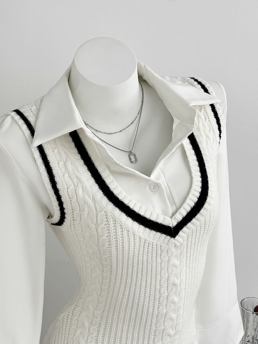 Elamini Women's Autumn/Winter Layering Contrast Color Cable Cable Knit Ribbed Slim Fit Cute Delicate Preppy Style Knit Sweater Vest Dress - White - View 1