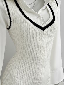 Elamini Women's Autumn/Winter Layering Contrast Color Cable Cable Knit Ribbed Slim Fit Cute Delicate Preppy Style Knit Sweater Vest Dress - White - View 5