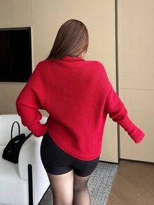 Vibekara Autumn/Winter Design Asymmetrical Red Batwing Sleeve High Neck Pullover Sweater - Red - View 2