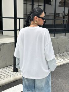 Muchica 大尺碼街頭風休閒寬鬆韓版條紋拼接袖圓領T恤 正式度假夜店風 藍白配色 秋冬款 - 白色 - 查看 2